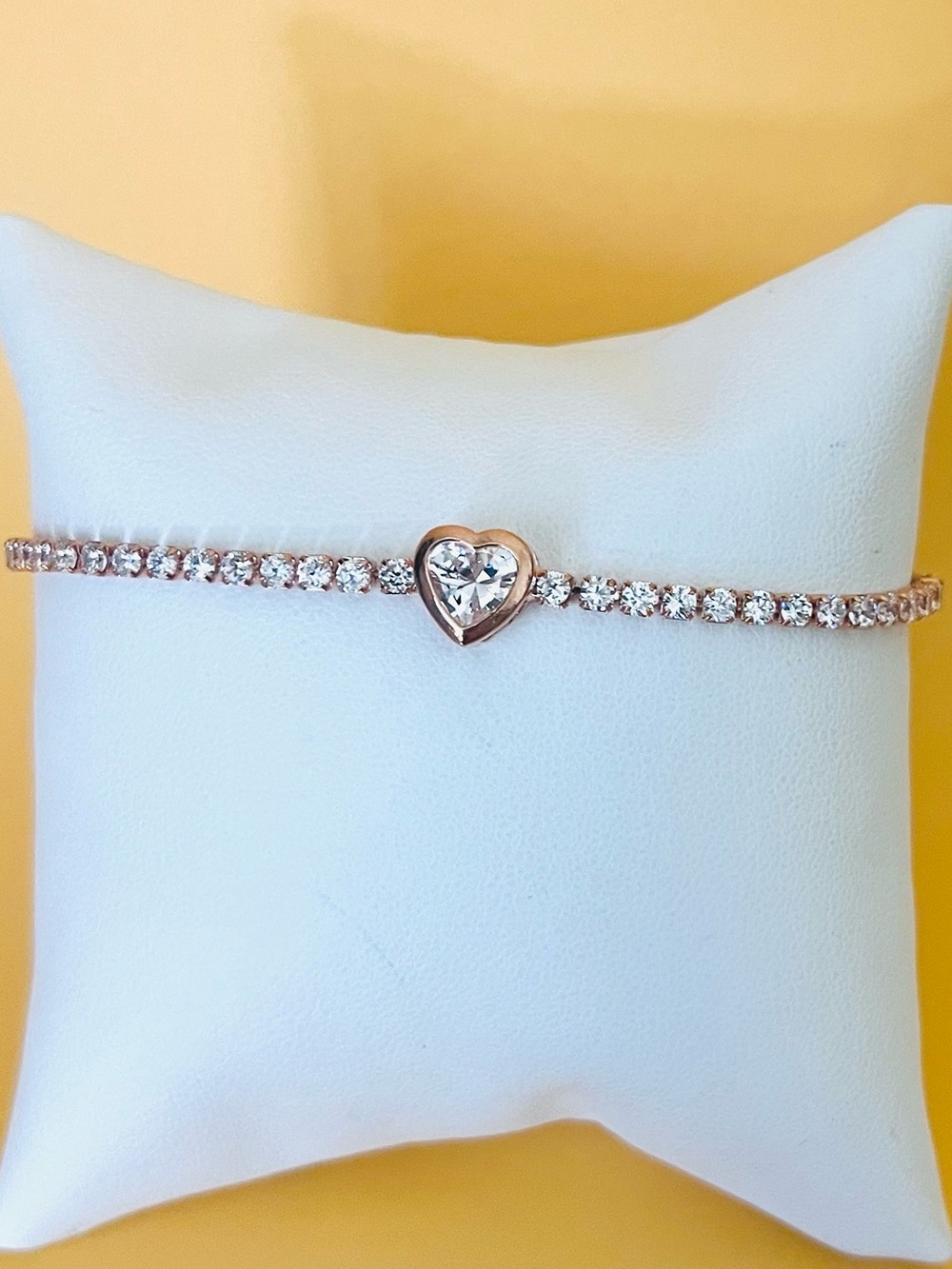 14K Rose GP tennis bracelet with large clear CZ heart Charm & adjustable size